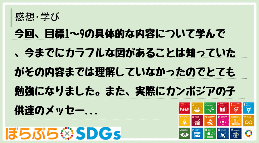 今回、目標1～9の具体的な内容について学んで、今までにカラフルな図があることは知っていたがその...