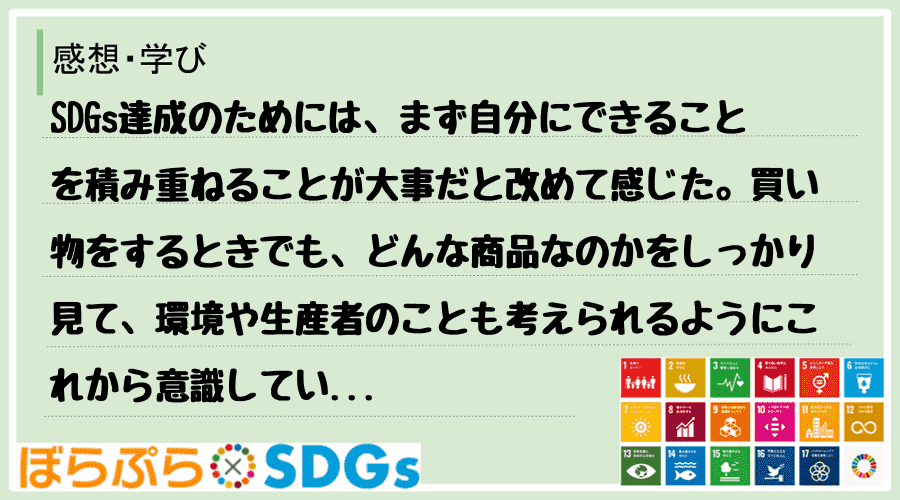 SDGs達成のためには、まず自分にできることを積み重ねることが大事だと改めて感じた。買い物をす...