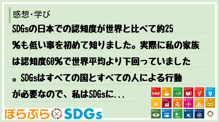 SDGsの日本での認知度が世界と比べて約25％も低い事を初めて知りました。実際に私の家族は認知...