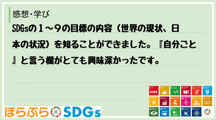 SDGsの１〜９の目標の内容（世界の現状、日本の状況）を知ることができました。『自分ごと』と言...