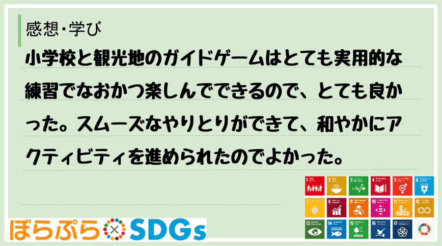 小学校と観光地のガイドゲームはとても実用的な練習でなおかつ楽しんでできるので、とても良かった。...