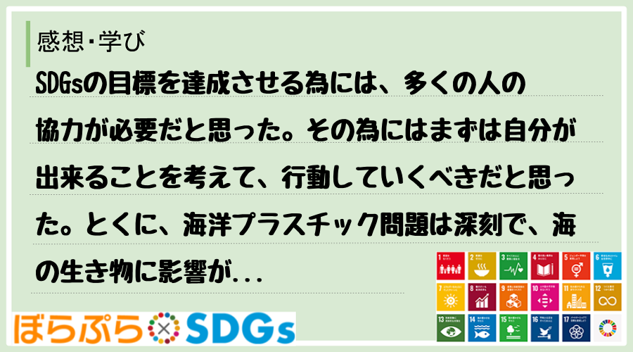 SDGsの目標を達成させる為には、多くの人の協力が必要だと思った。その為にはまずは自分が出来る...