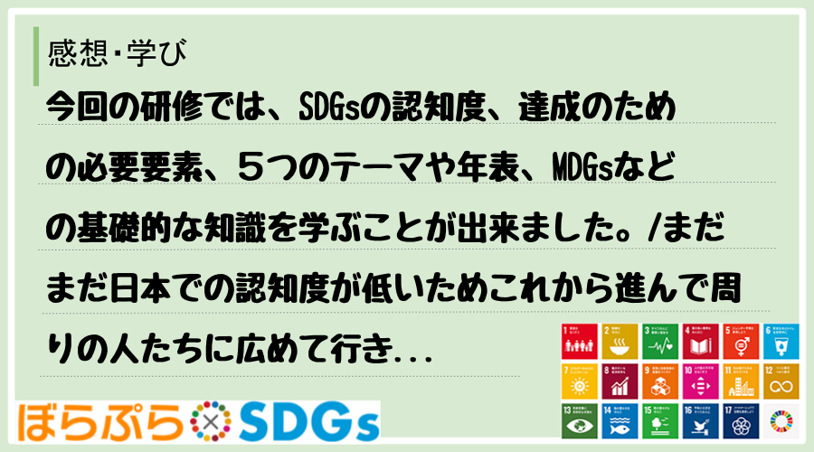 今回の研修では、SDGsの認知度、達成のための必要要素、５つのテーマや年表、MDGsなどの基礎...