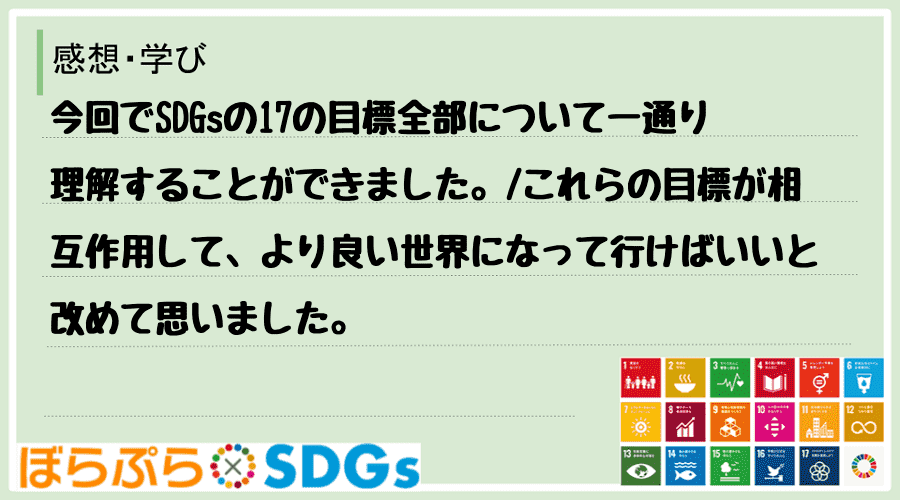 今回でSDGsの17の目標全部について一通り理解することができました。
これらの目標が相互作...