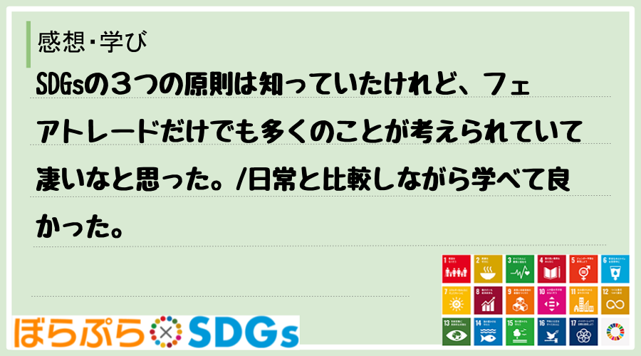 SDGsの３つの原則は知っていたけれど、フェアトレードだけでも多くのことが考えられていて凄いな...