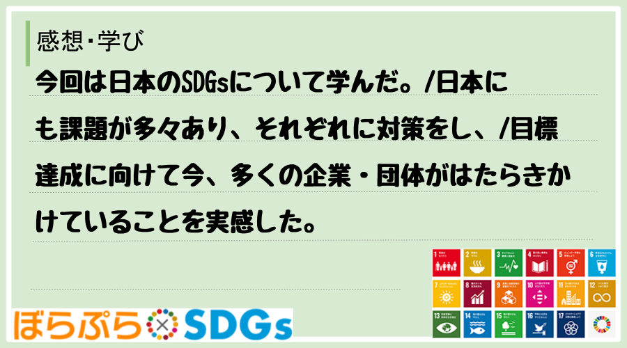 今回は日本のSDGsについて学んだ。
日本にも課題が多々あり、それぞれに対策をし、
目標達...
