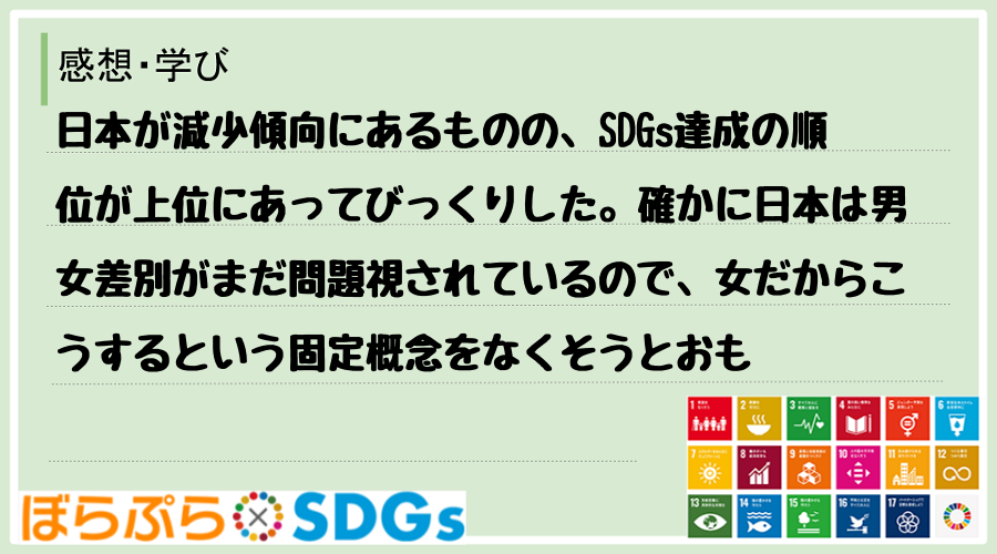日本が減少傾向にあるものの、SDGs達成の順位が上位にあってびっくりした。確かに日本は男女差別...