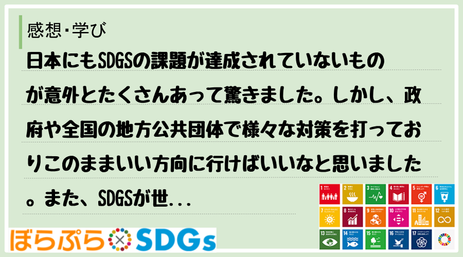 日本にもSDGSの課題が達成されていないものが意外とたくさんあって驚きました。しかし、政府や全...