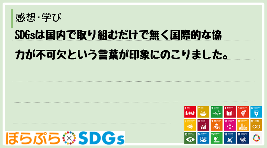 SDGsは国内で取り組むだけで無く国際的な協力が不可欠という言葉が印象にのこりました。