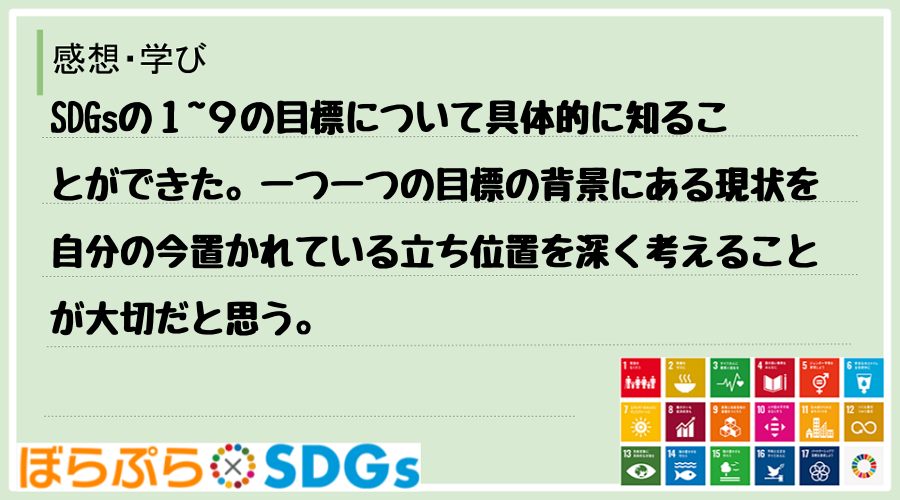 SDGsの１~９の目標について具体的に知ることができた。一つ一つの目標の背景にある現状を自分の...