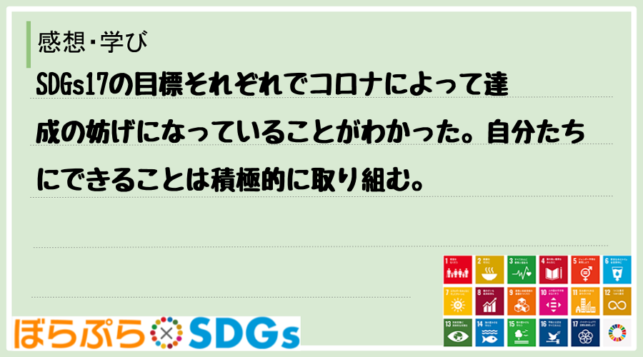 SDGs17の目標それぞれでコロナによって達成の妨げになっていることがわかった。自分たちにでき...