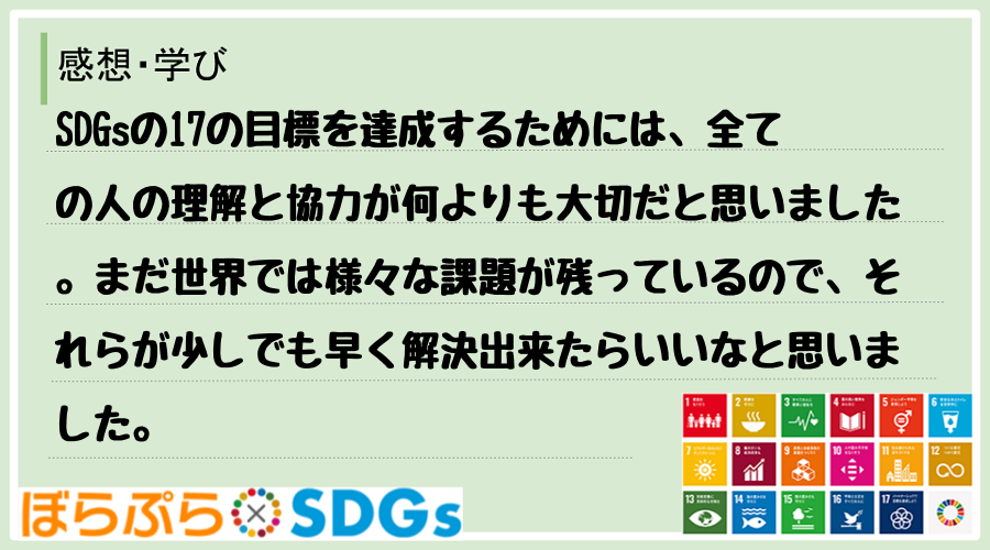 SDGsの17の目標を達成するためには、全ての人の理解と協力が何よりも大切だと思いました。まだ...