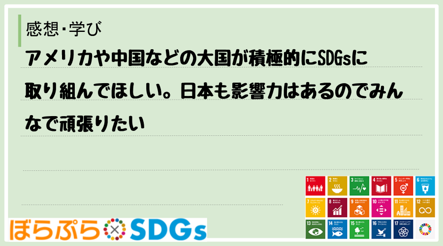 アメリカや中国などの大国が積極的にSDGsに取り組んでほしい。日本も影響力はあるのでみんなで頑...