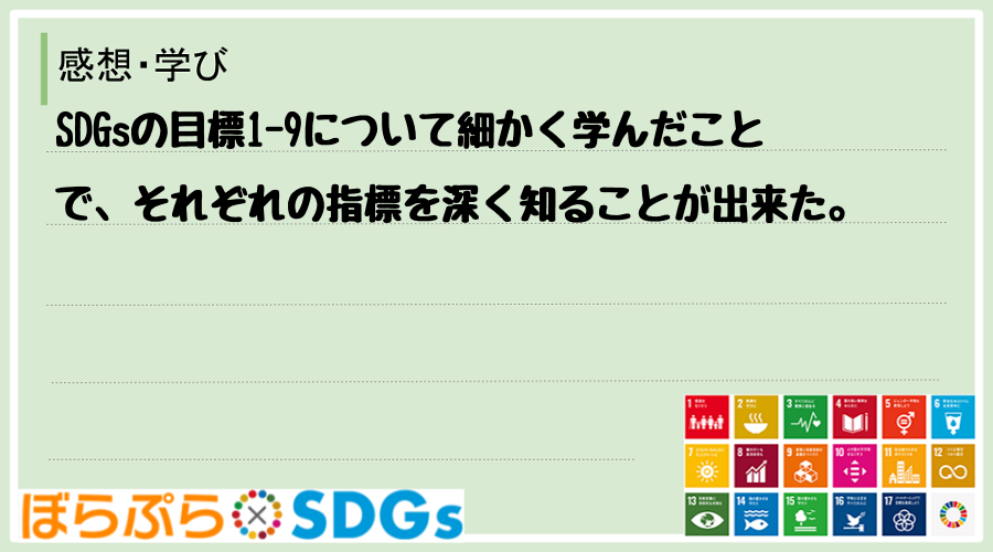 SDGsの目標1-9について細かく学んだことで、それぞれの指標を深く知ることが出来た。