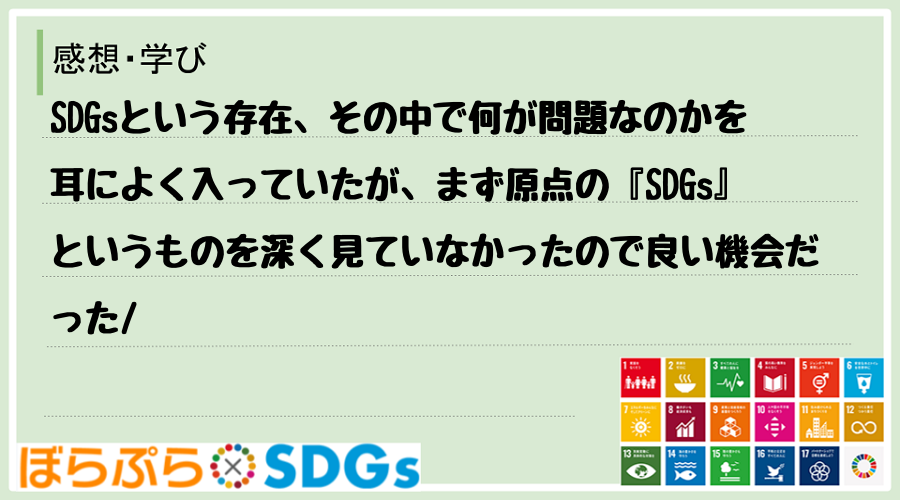 SDGsという存在、その中で何が問題なのかを耳によく入っていたが、まず原点の『SDGs』という...