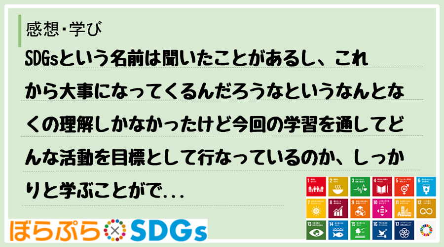 SDGsという名前は聞いたことがあるし、これから大事になってくるんだろうなというなんとなくの理...