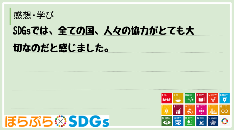 SDGsでは、全ての国、人々の協力がとても大切なのだと感じました。
