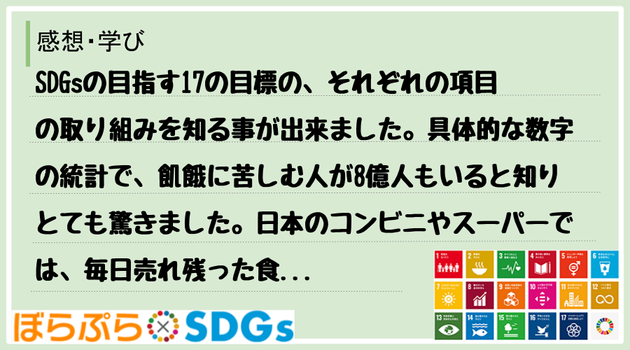 SDGsの目指す17の目標の、それぞれの項目の取り組みを知る事が出来ました。具体的な数字の統計...