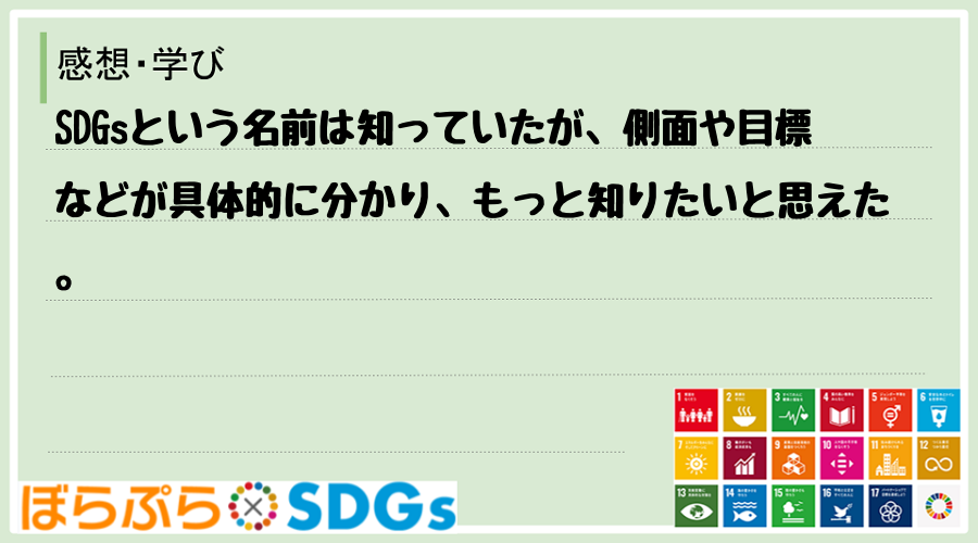 SDGsという名前は知っていたが、側面や目標などが具体的に分かり、もっと知りたいと思えた。