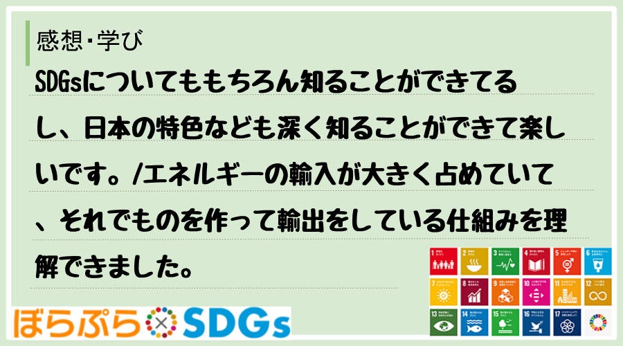 SDGsについてももちろん知ることができてるし、日本の特色なども深く知ることができて楽しいです...
