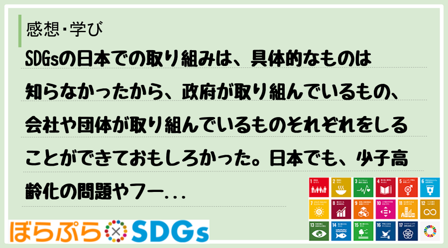 SDGsの日本での取り組みは、具体的なものは知らなかったから、政府が取り組んでいるもの、会社や...