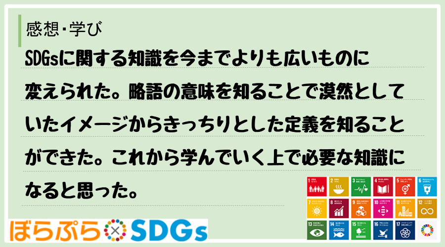 SDGsに関する知識を今までよりも広いものに変えられた。略語の意味を知ることで漠然としていたイ...