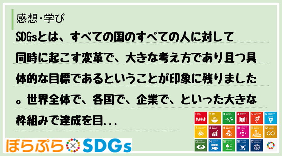 SDGsとは、すべての国のすべての人に対して同時に起こす変革で、大きな考え方であり且つ具体的な...