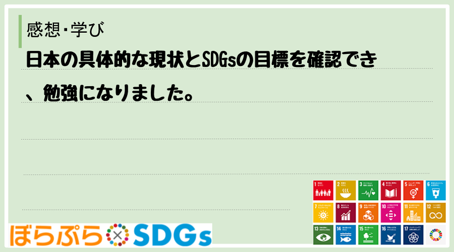 日本の具体的な現状とSDGsの目標を確認でき、勉強になりました。