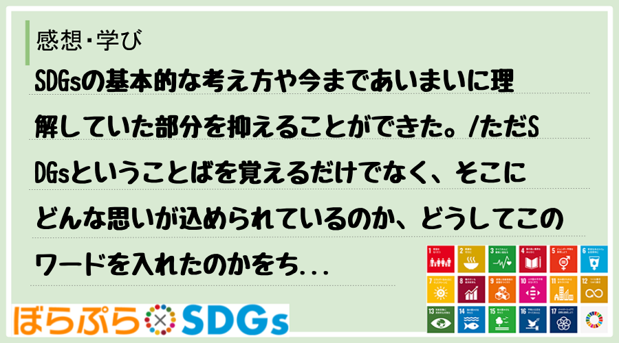 SDGsの基本的な考え方や今まであいまいに理解していた部分を抑えることができた。
ただSDG...