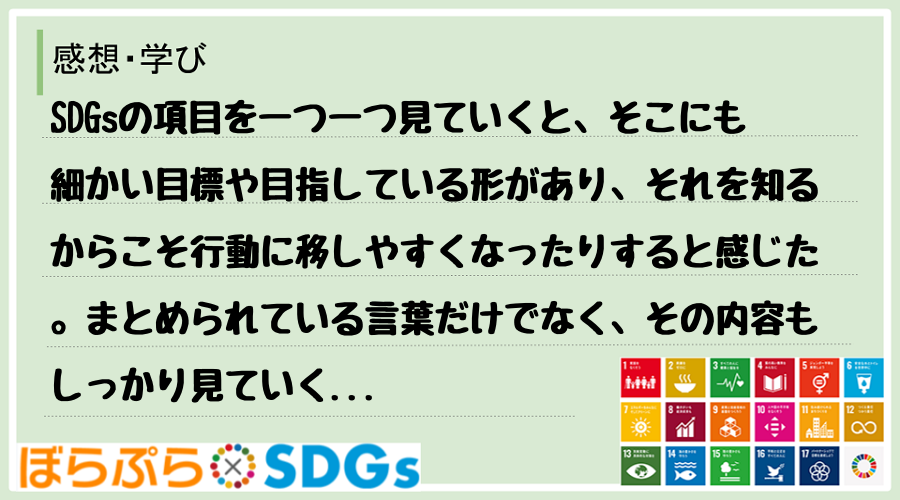 SDGsの項目を一つ一つ見ていくと、そこにも細かい目標や目指している形があり、それを知るからこ...