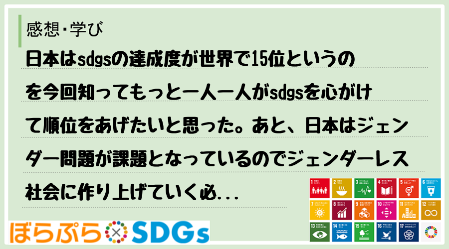 日本はsdgsの達成度が世界で15位というのを今回知ってもっと一人一人がsdgsを心がけて順位...