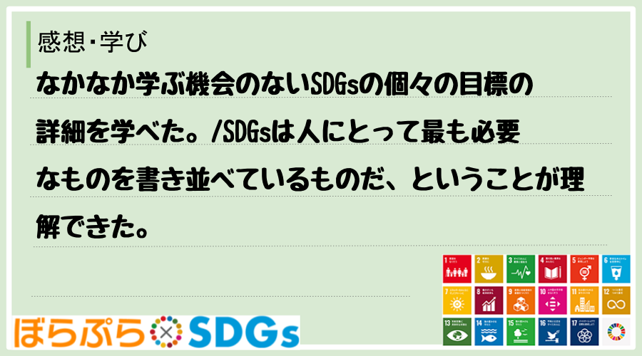 なかなか学ぶ機会のないSDGsの個々の目標の詳細を学べた。
SDGsは人にとって最も必要なも...