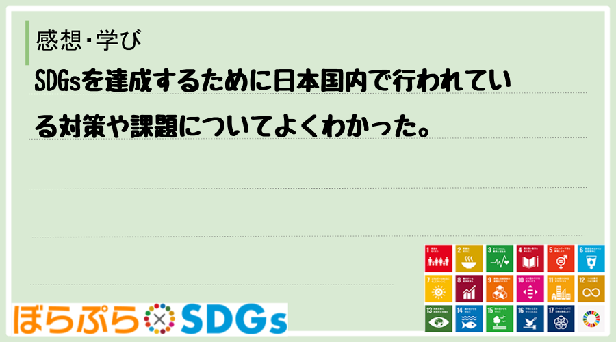 SDGsを達成するために日本国内で行われている対策や課題についてよくわかった。