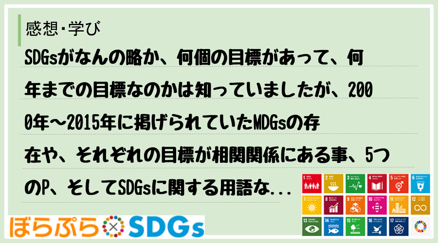 SDGsがなんの略か、何個の目標があって、何年までの目標なのかは知っていましたが、2000年～...