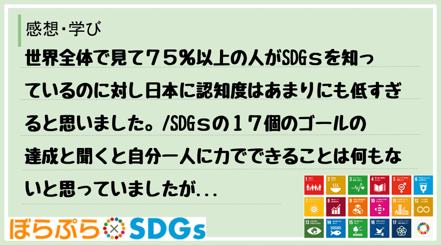 世界全体で見て７５％以上の人がSDGｓを知っているのに対し日本に認知度はあまりにも低すぎると思...