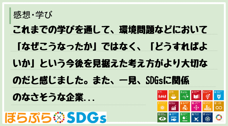 これまでの学びを通して、環境問題などにおいて「なぜこうなったか」ではなく、「どうすればよいか」...