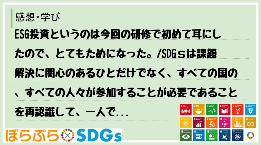 ESG投資というのは今回の研修で初めて耳にしたので、とてもためになった。
SDGｓは課題解決...