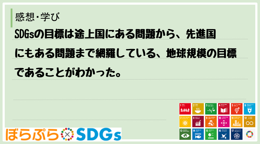 SDGsの目標は途上国にある問題から、先進国にもある問題まで網羅している、地球規模の目標である...