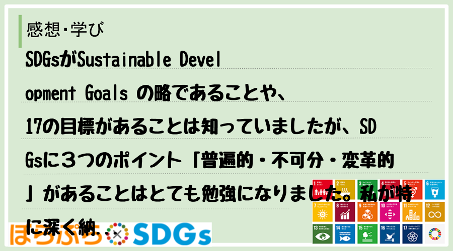 SDGsがSustainable Development Goals の略であることや、17の...
