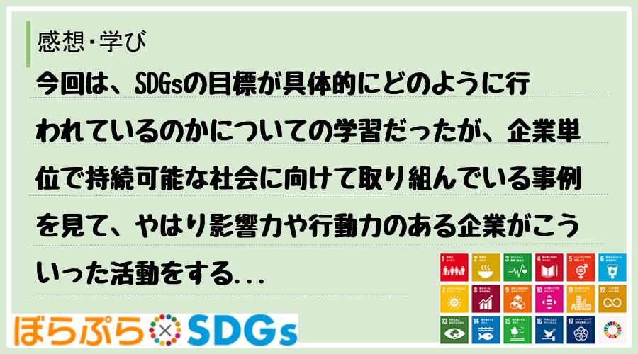 今回は、SDGsの目標が具体的にどのように行われているのかについての学習だったが、企業単位で持...