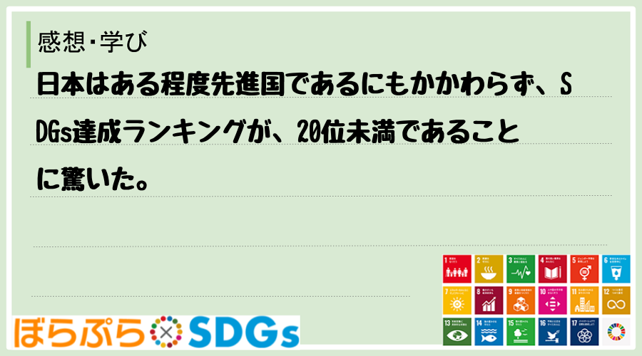 日本はある程度先進国であるにもかかわらず、SDGs達成ランキングが、20位未満であることに驚いた。