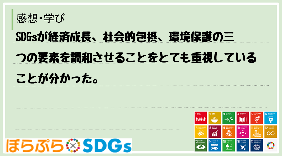 SDGsが経済成長、社会的包摂、環境保護の三つの要素を調和させることをとても重視していることが...