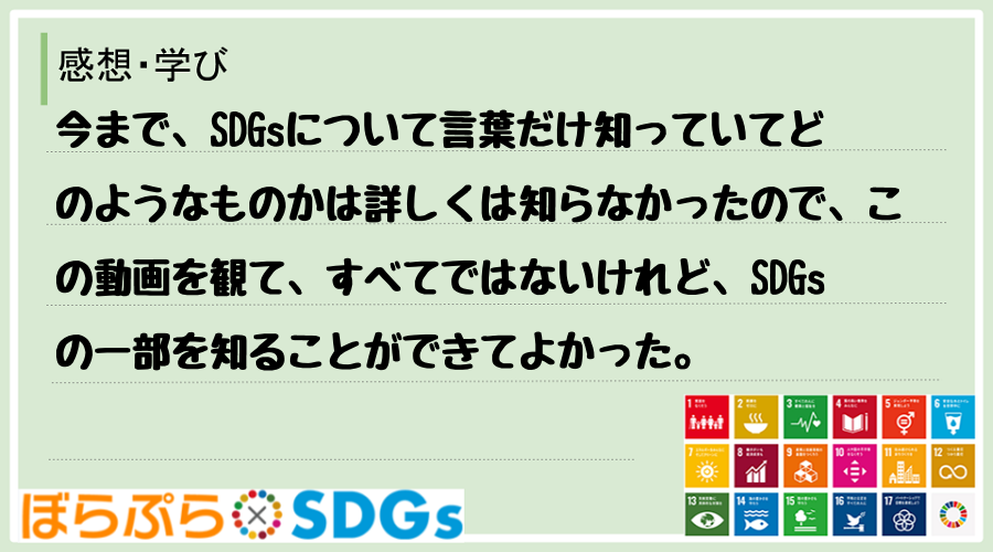 今まで、SDGsについて言葉だけ知っていてどのようなものかは詳しくは知らなかったので、この動画...