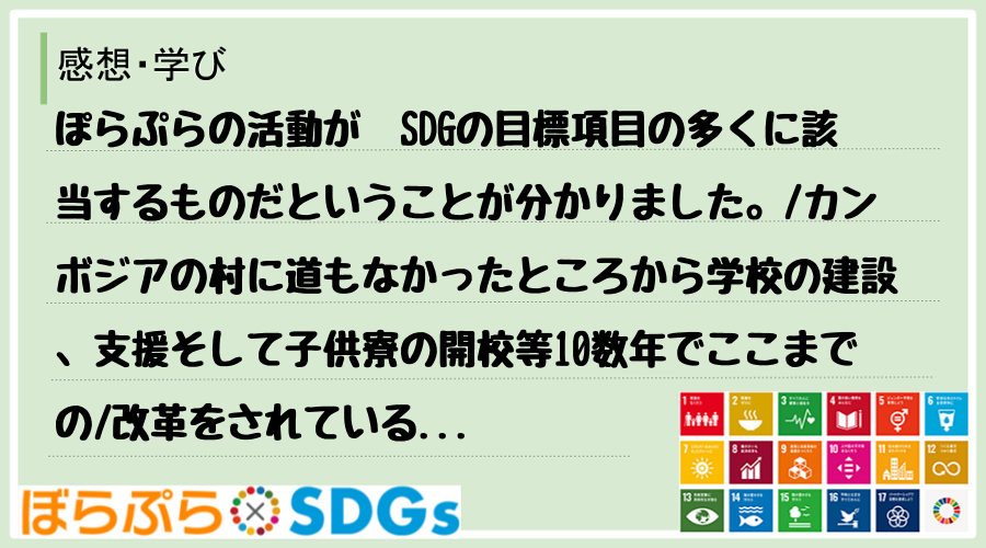 ぽらぷらの活動が　SDGの目標項目の多くに該当するものだということが分かりました。
カンボジ...
