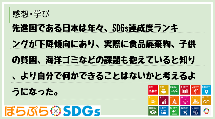 先進国である日本は年々、SDGs達成度ランキングが下降傾向にあり、実際に食品廃棄物、子供の貧困...