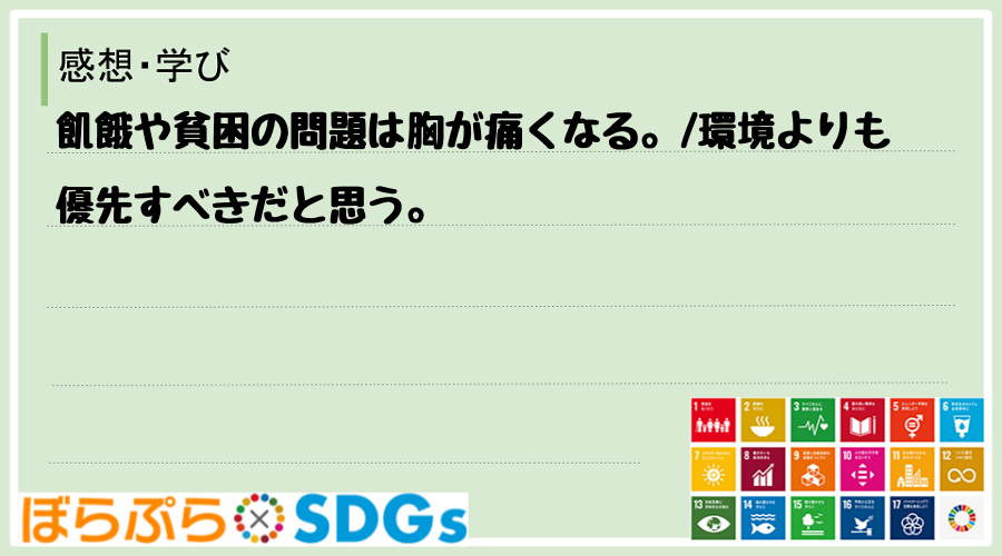 飢餓や貧困の問題は胸が痛くなる。
環境よりも優先すべきだと思う。