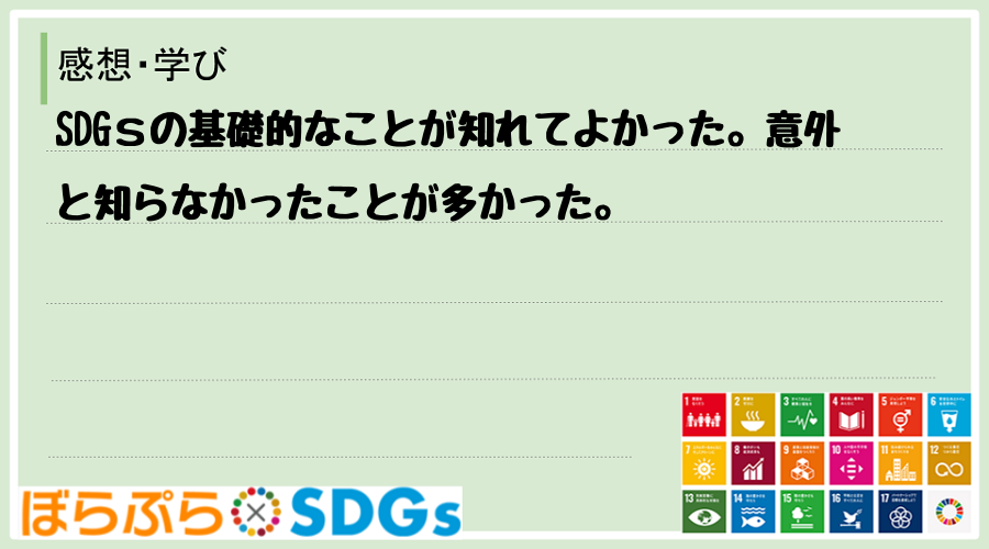 SDGｓの基礎的なことが知れてよかった。意外と知らなかったことが多かった。