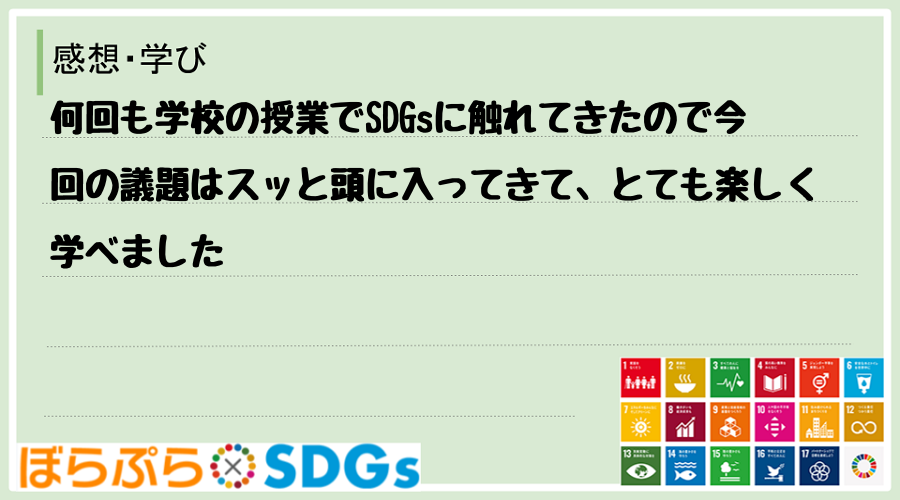 何回も学校の授業でSDGsに触れてきたので今回の議題はスッと頭に入ってきて、とても楽しく学べました