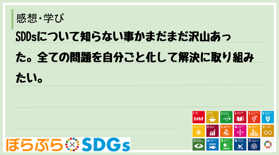 SDDsについて知らない事かまだまだ沢山あった。全ての問題を自分ごと化して解決に取り組みたい。