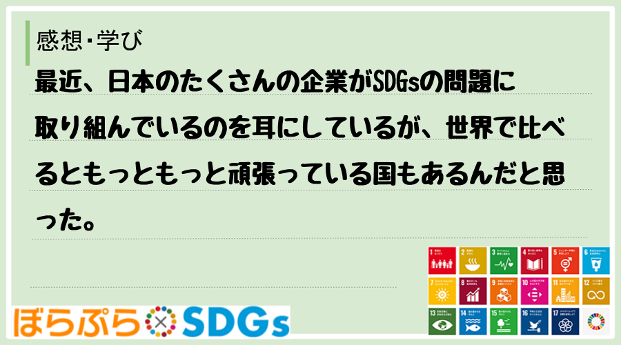 最近、日本のたくさんの企業がSDGsの問題に取り組んでいるのを耳にしているが、世界で比べるとも...